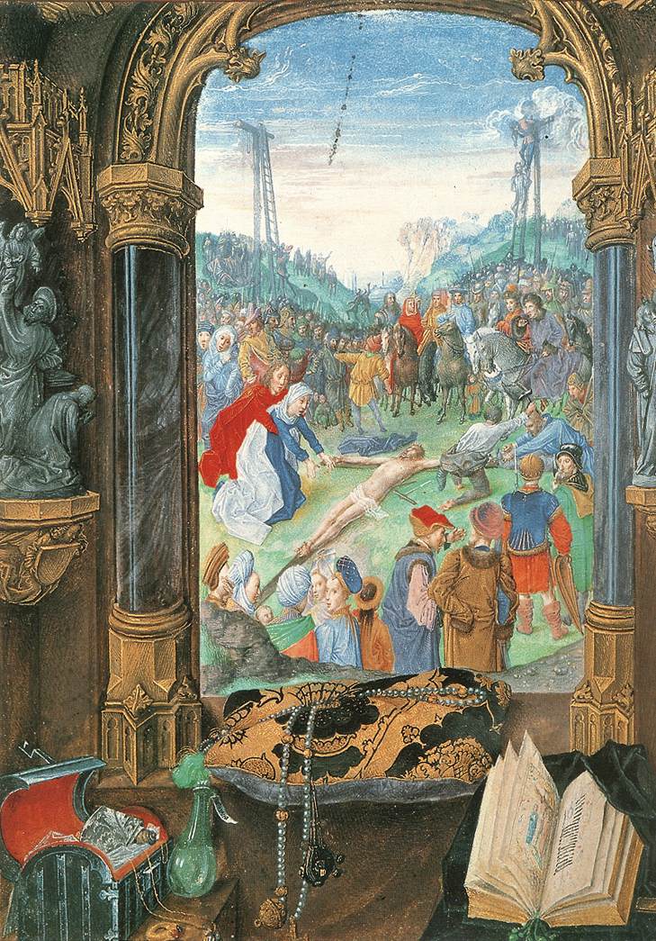 Christ Nailed to Cross, Hours of Mary of Burgundy, 15th century, Bruges, painting on parchment, folio 43v.