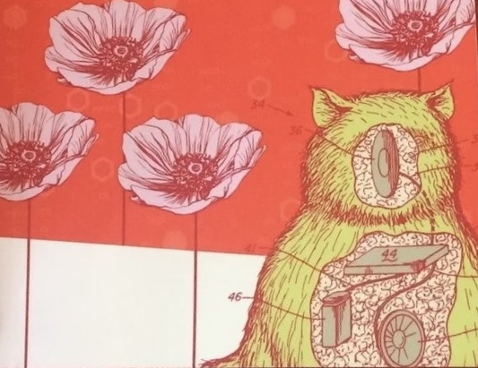 Brightly colored illustration of a small animal sitting in front of four straight-stemmed flowers. The animal is annotated with numbers like an informational mechanics image, with plates, gears, and other materials visible within its body. The background is bright red orange and the animal is yellow green.