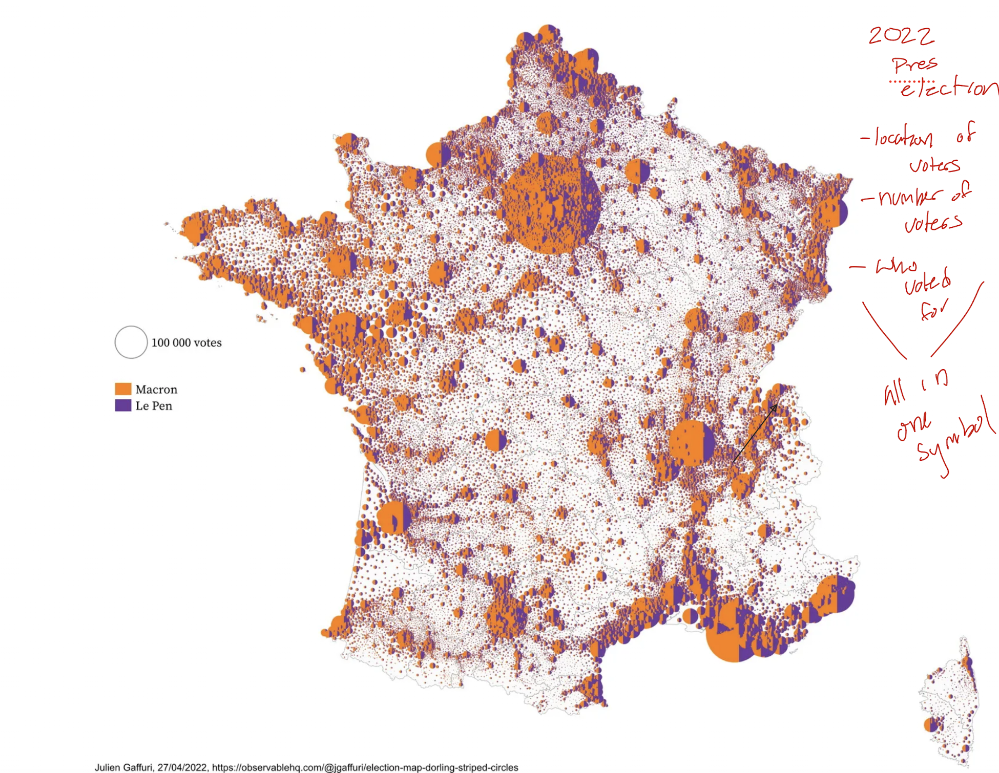 A map of France that shows the location of voters, who they voted for, and the number of voters from the 2022 election.